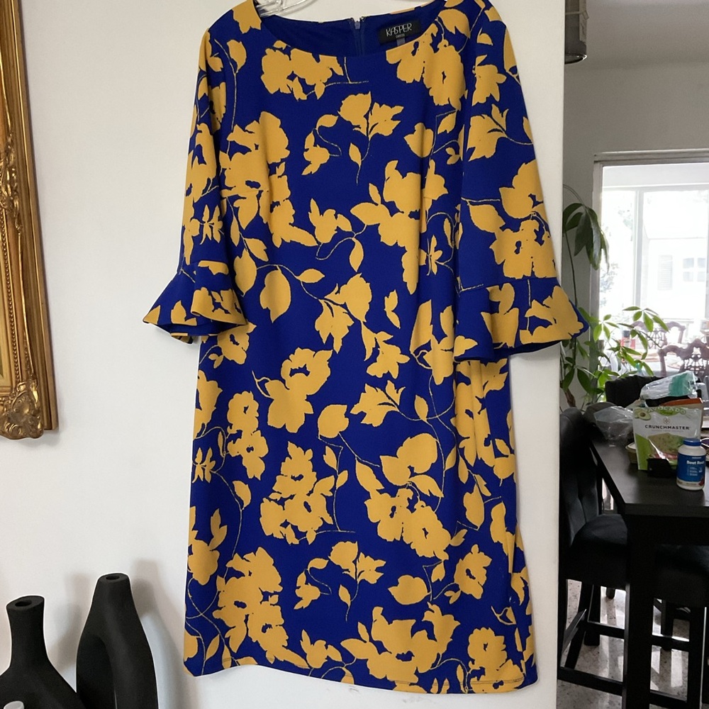 Kasper Royal Blue and Mustard Floral Midi Dress
